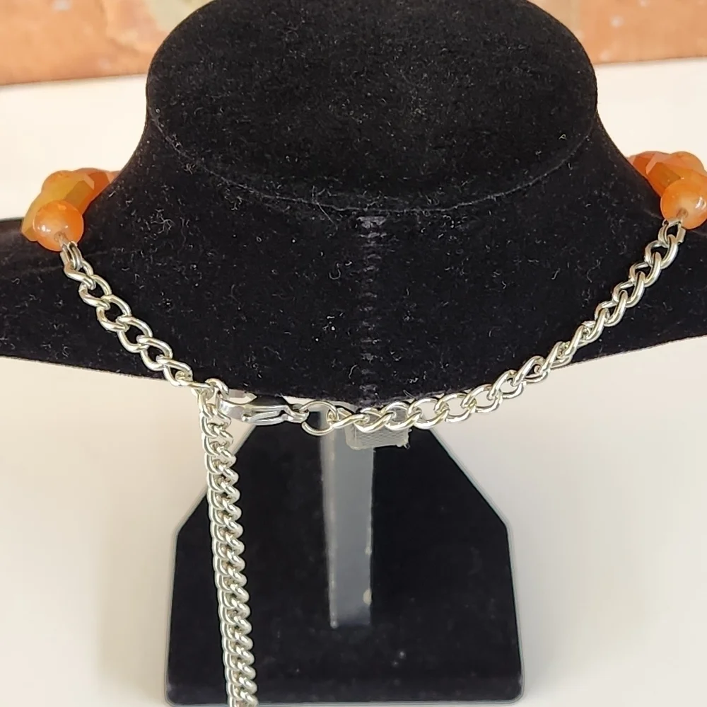 Hand Crafted Necklace and Pierced Orange Beaded Earrings Silver Accents